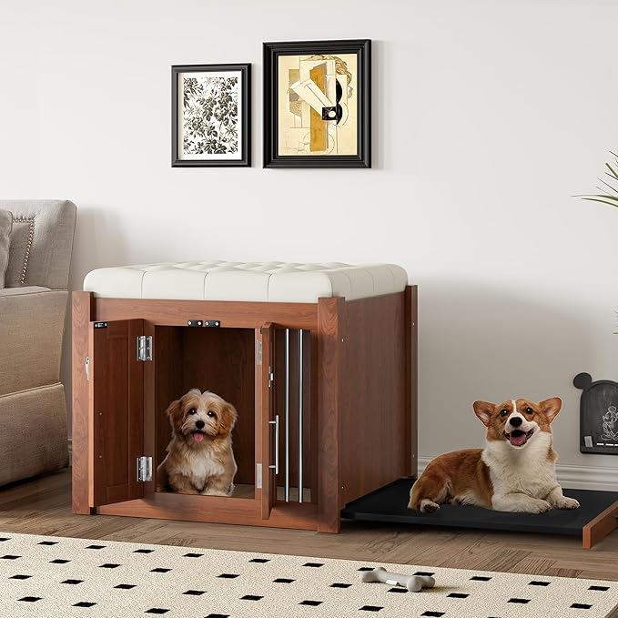 2 in 1 Night Stand with Storage & Dog Crate Furniture, Luxury Wooden Side Table Dog Kennel, Dogs Cage House Kennel End of Bed Bench Ottoman with Removable Cushion,Walnut-MDFMetal