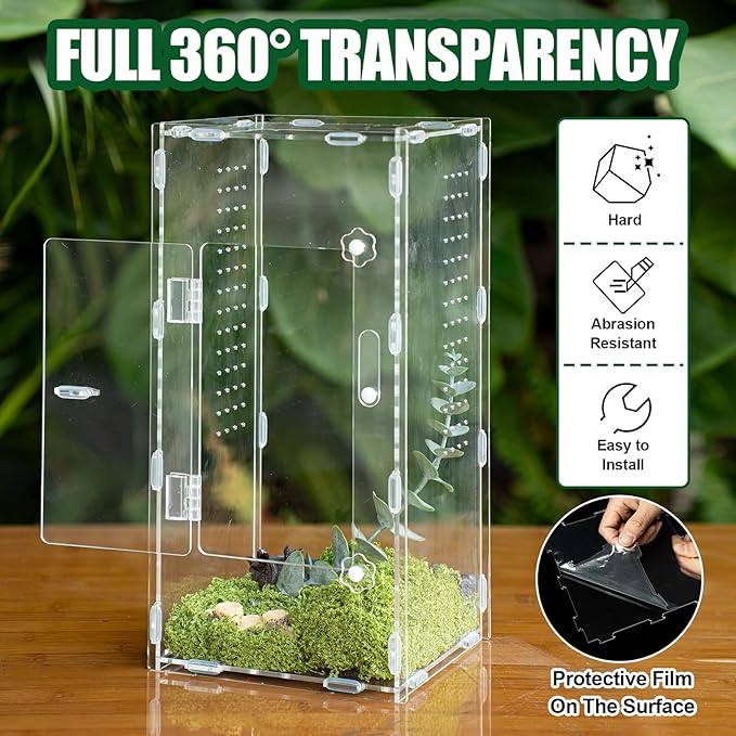 Acrylic Jumping Spider Enclosure, Reptile Terrarium Enclosure with Front Opening Door, 5.91×5.91×11.88 Inch Reptiles Habitat Tank Breeding Box for Tarantula Insect Snake Lizard