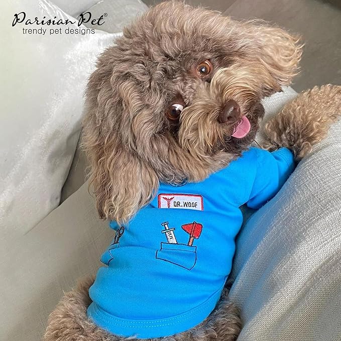 Parisian Pet Doctor Woof Dog Shirt - Embroidered Dog Pirate Costume - 100% Cotton & Polyester Doctor Outfit for Dog - Sleeved Dog Clothes - Blue Dog Shirts for Medium-Sized Dogs - Pet Costumes - M
