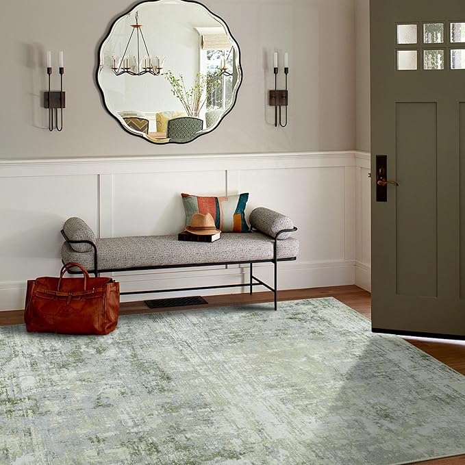 4x6 Area Rugs for Living Room Rug Washable: Modern Large Rug for Dining Room Bedroom Carpet Non Slip Low Pile 4 by 6 Indoor Abstract Nursery Home Office Green