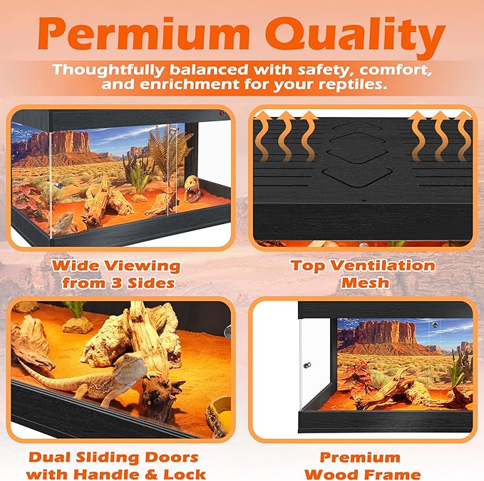 Royxen Tempered Glass Reptile Tank 62 Gallon,Reptile Enclosure with Metal Mesh Top and Lockable Design, Bearded Dragon Tank for Lizard Habitat, 40"x20"x20", Black