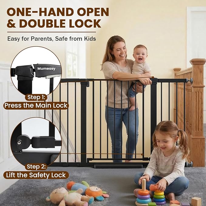 Mumeasy 29.7-57" Extra Wide Baby Gate for Doorways, Auto Close Dog Gate Indoor for Stairs, No-Drill Pressure Mounted Pet Gate with Door, Easy Walk Thru Long&Large Safety Gate for House, Outdoor, Black