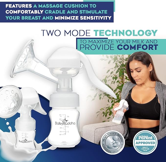 BabyBuddha Manual Breast Pump, Single Hand Expression Breastmilk Pump, Cordless and Portable, No Batteries or Power Needed, Soft Silicone Massage Cushion, BPA Free, Quiet, Dishwasher Safe, 1 Pack