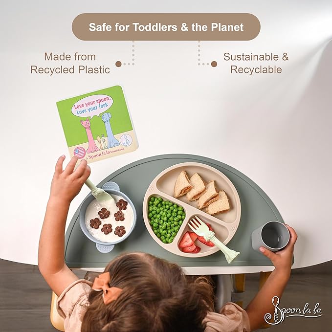 Made in USA Spoon la la Toddler Utensils Set - 2 Pack (1 Spoon & 1 Fork for Kids) - Self-Standing 3D Ergonomic Cat & Dog Handles - BPA-free, Dishwasher Safe, Baby Silverware (Mint Green)