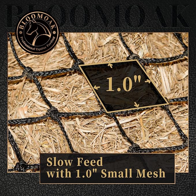 Bloomoak Ultra Slow Feed,Knotless Slow Feed Hay Net with 4 Carabiner Clips for Horses/Soft Flat Hanging Hay Bag with Large Capacity for Full Day Feeding (M 35 * 31", 1" Hole for Ultra Slow Feed)…