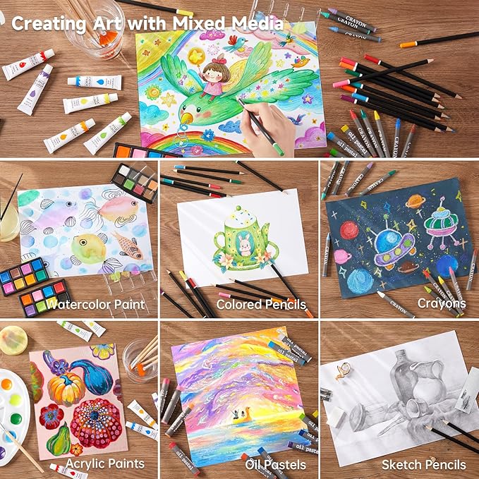 Shuttle Art Deluxe Gift Art Kit, 202-Piece Wooden Art Supplies Set with 4 Drawing Pads, Canvases, Coloring Sheets, Acrylic Paint, Crayons, Oil Pastels, Colored Pencils for Kids