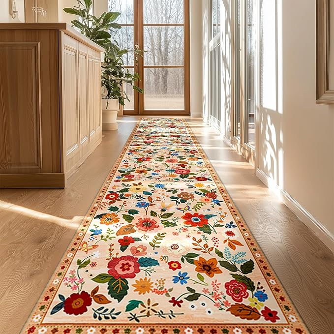 Floral 2x10 Area Rug Machine Washable Soft Print Boho Carpet Non Slip Doormat Low Pile Flower Area Rugs for Living Room Bedroom Nursery Kitchen Dining Room Indoor-Light Orange