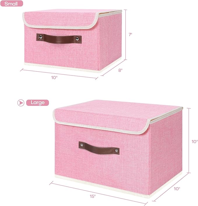 ANMINY Storage Bin with Lid Storage Boxes with PU Leather Handles PP Plastic Board Decorative Foldable Lidded Cotton Linen Fabric Home Cubes Baskets Closet Organizer Container - Pink, Large Size