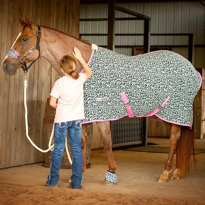 Jeffers Expression Fleece Cooler for Horses, Standard Neck, Party Cheetah 81"- Equine Towel Blanket, Moisture Absorbent, Light Weight, Best for Drying, Exercise, Bathing, Adjustable Belly Bands