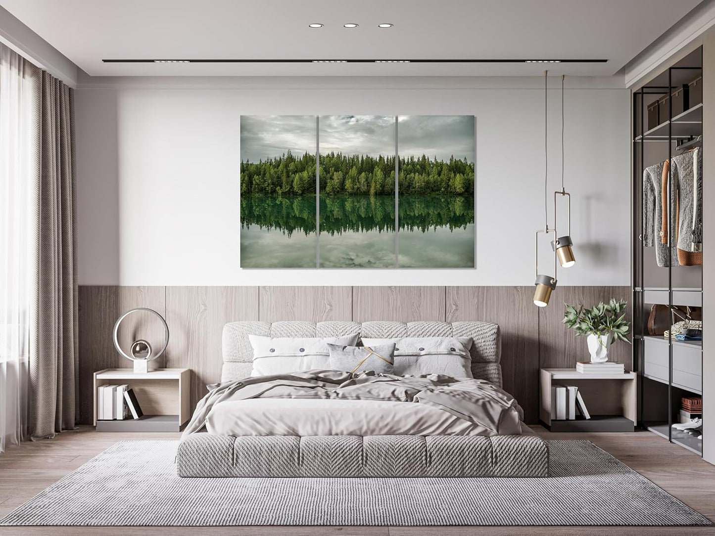 Nature Wall Art Prints - Ocean Forest Mountain Lake Canvas Landscapes - Small to Extra Large Living Room Bedroom Kitchen Bathroom Décor (Forest Reflection, 47L" x 71W" - 3 panels)