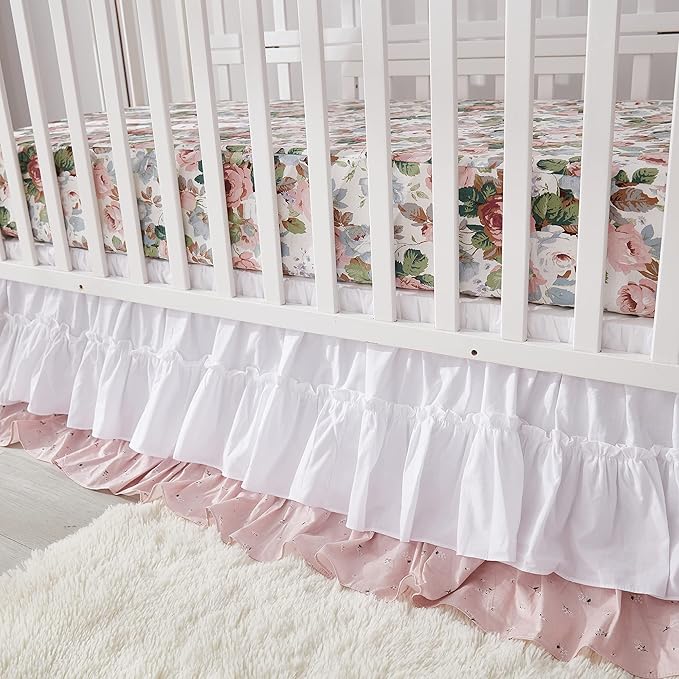 Brandream French Country Garden Floral Crib Bedding Sets for Girls Baby Nursery Bedding Set 3 Piece Ruffled Baby Quilt, Crib Sheet, Crib Skirt - White Blush Pink Green