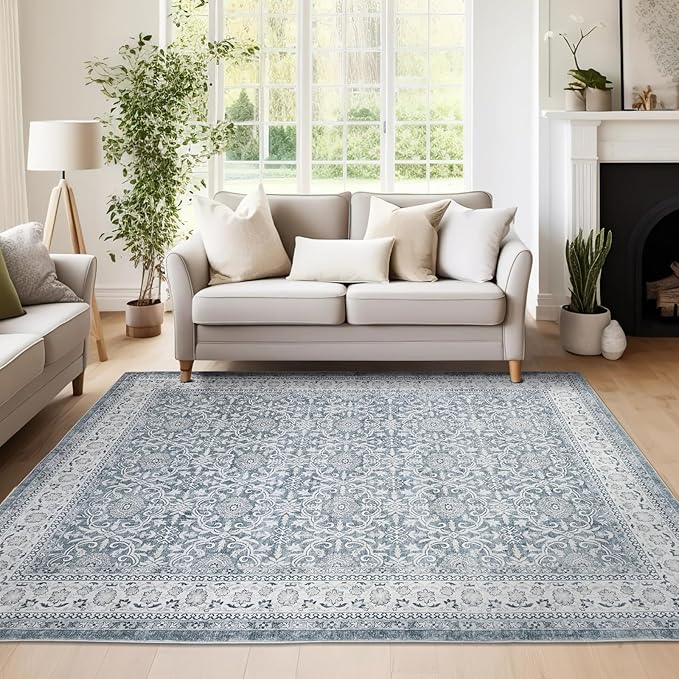jinchan Floral Area Rugs 4x6 - Machine Washable Vintage Distressed Boho Design Throw Rug Stain Resistant Carpet Low Pile Ultra-Thin Non-Slip for Bedroom Living Room Dining Room Kitchen (4‘x6',Grey)