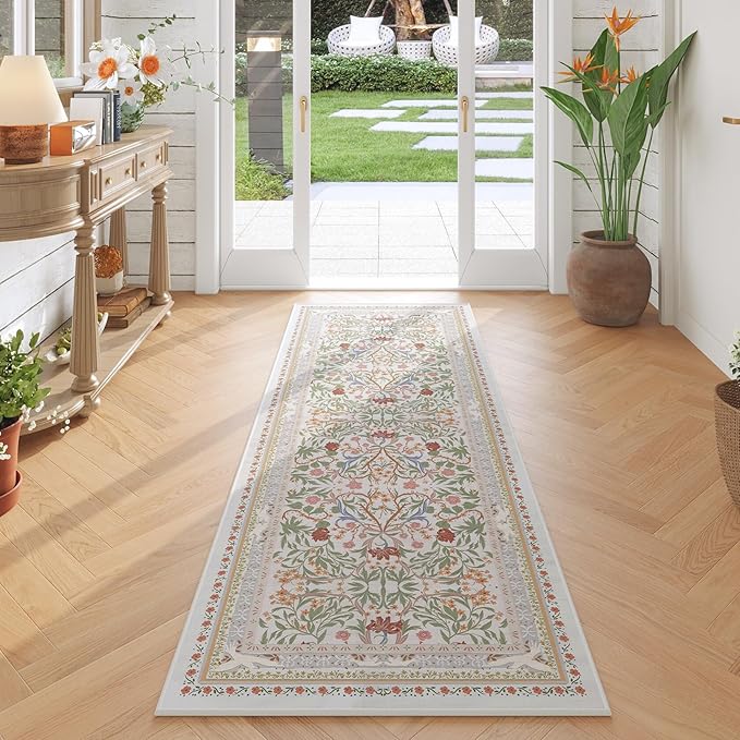 Runner Rug for Kitchen Rug Non Slip 2'6"x8' Washable Rugs with Rubber Backing Soft Vintage Floral Botanical Carpet Runner for Kitchen, Laundry, Bedroom, Bathroom, Beige