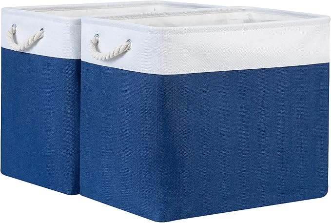 Bidtakay Large Canvas Organization Bins Set of 2 Navy Blue Rectangular Baskets 17x12x15 in for Blankets, Clothes, Towels, Dog Toys Storage