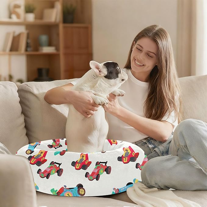 Dog Bed Race Cars Sleeping Pet Bed with Anti-Slip Bottom for Small Medium Dogs and Cats, Round Calming Sleeping Washable Puppy Beds 20 in