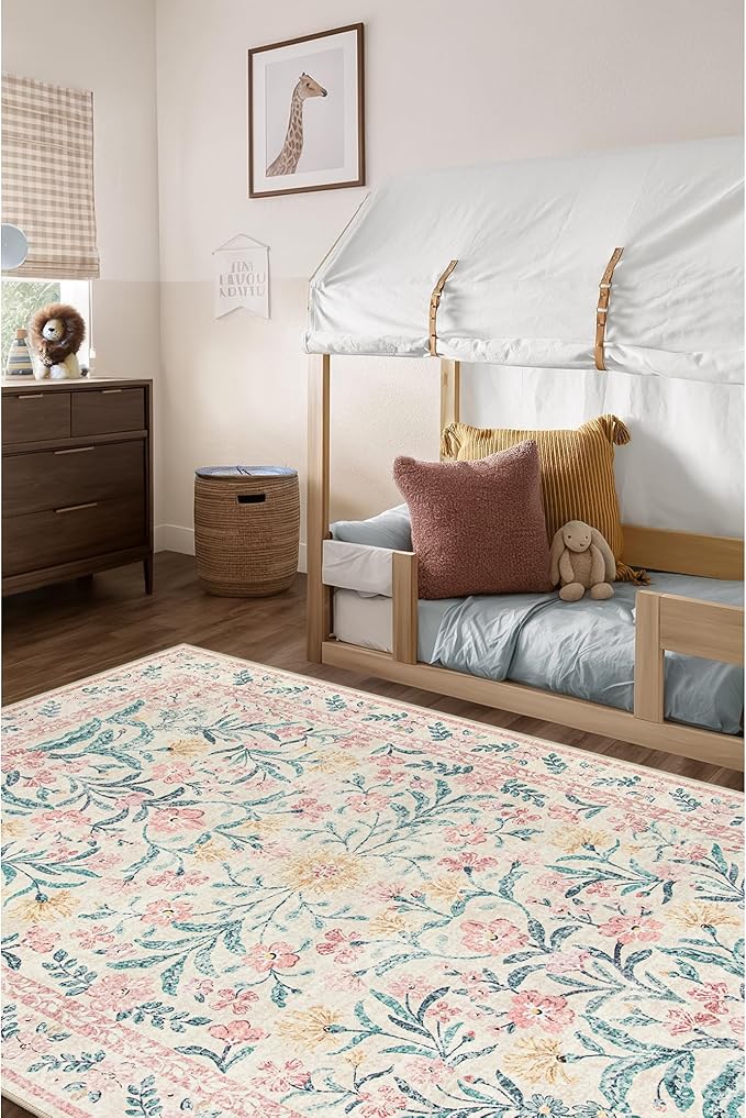 Wonnitar Machine Washable 5x7 Nursery Rug, Pink Rugs for Bedroom Girls, Boho Soft Floral Carpet Non Slip, Indoor Ultra-Thin Floor Carpet for Kid Room Living Room Dorm