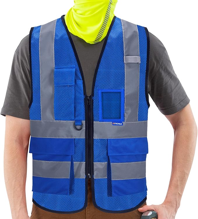A-SAFETY High Visibility Mesh Safety Reflective Vest with Pockets and Zipper,Hi Viz Work Vest for Men Women (Blue Mesh 6XL-8XL)