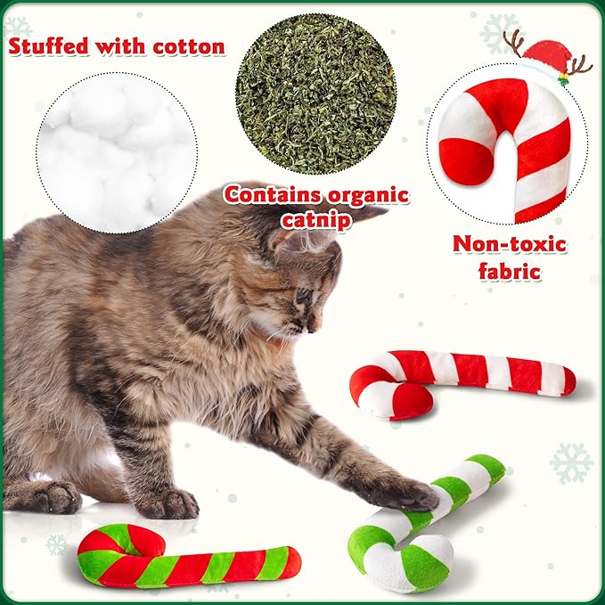 MALLMALL6 6Pcs Christmas Candy Cane Catnip Toys Gift for Indoor Chew Bite Kick Catmint Pet Supplies, Cute Interactive Toy for Cat Lover Xmas Presents (Tricolor)