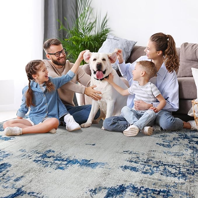 6x9 Area Rugs for Living Room Rug Washable: Modern Rug for Dining Room Bedroom Carpet Non Slip Low Pile 6 by 9 Indoor Abstract Nursery Home Office Blue White
