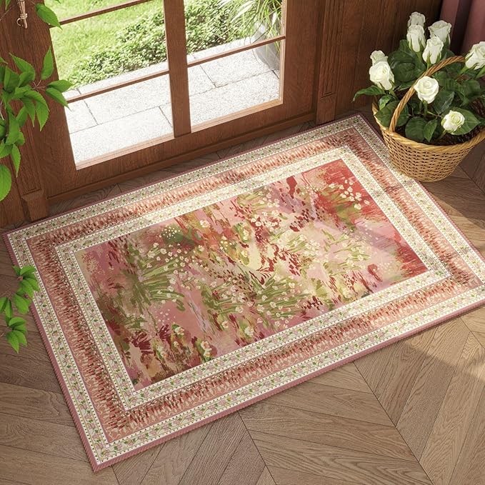 2x3 Rug Impressionist-Style Vintage Indoor Door Mat Machine Washable Small Area Rug Non-Slip Low Pile Throw Rugs for Entryway Kitchen Front Door Indoor Entrance Entry Kids Room, Pink