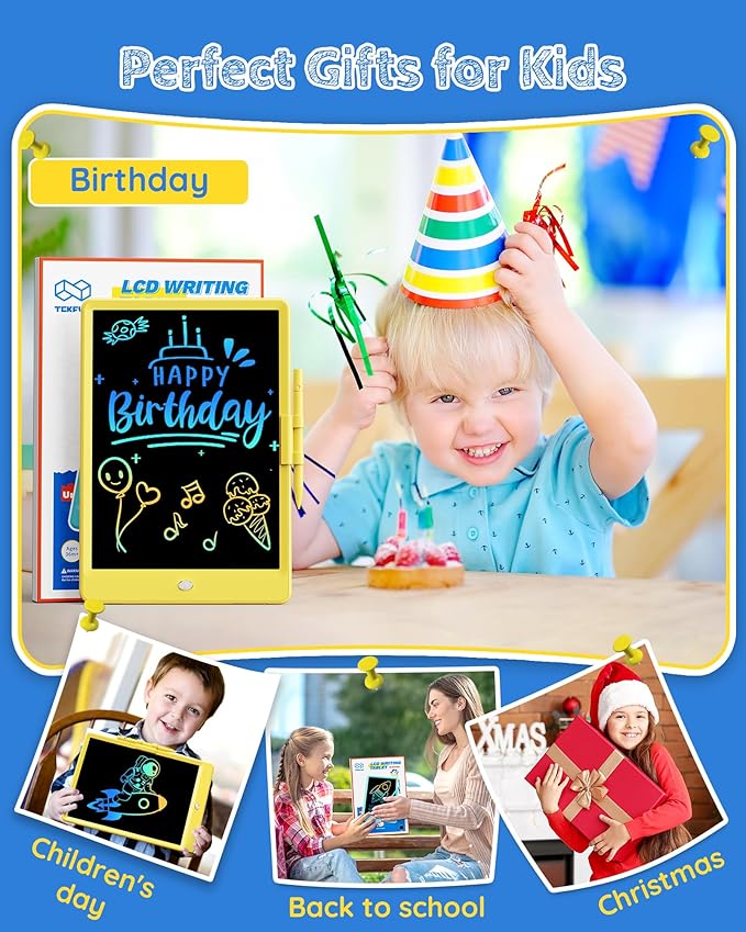 TEKFUN Toys for Girls Boys 10IN LCD Writing Tablet, Magic Doodle Board with Anti-Lost Stylus, Mess Free Coloring for Toddlers Drawing Pad, Toddler Travel Car Plane Trip Toys Gifts (Yellow)