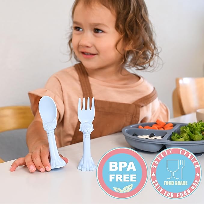 Made in USA Spoon la la Toddler Utensils Set - 2 Pack (1 Spoon & 1 Fork for Kids) - Self-Standing 3D Ergonomic Cat & Dog Handles - BPA-free, Dishwasher Safe, Baby Silverware (Blue)