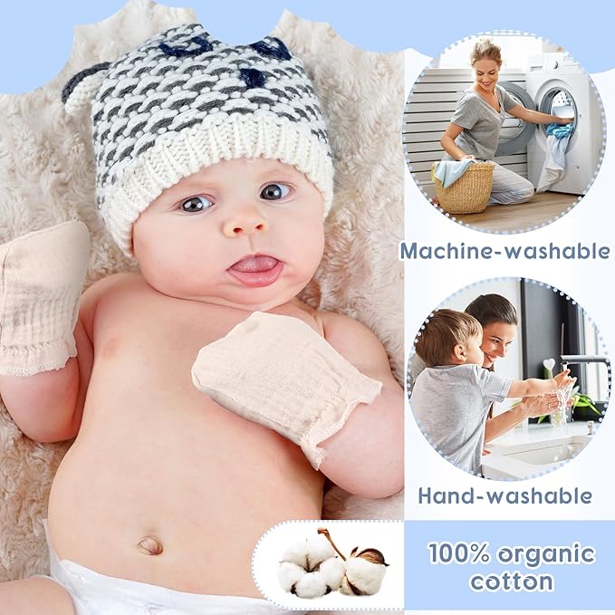 8 Pairs Newborn Baby Muslin Mittens 0-6 Months No Scratch Elastic Wrist Soft Breathable Gloves Bulk Cotton for Infant