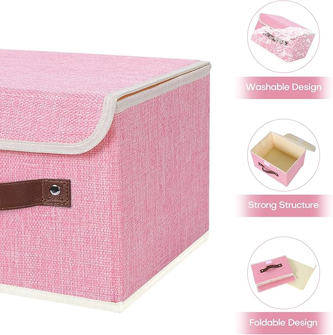 ANMINY Storage Bin with Lid Storage Boxes with PU Leather Handles PP Plastic Board Decorative Foldable Lidded Cotton Linen Fabric Home Cubes Baskets Closet Organizer Container - Pink, Small Size