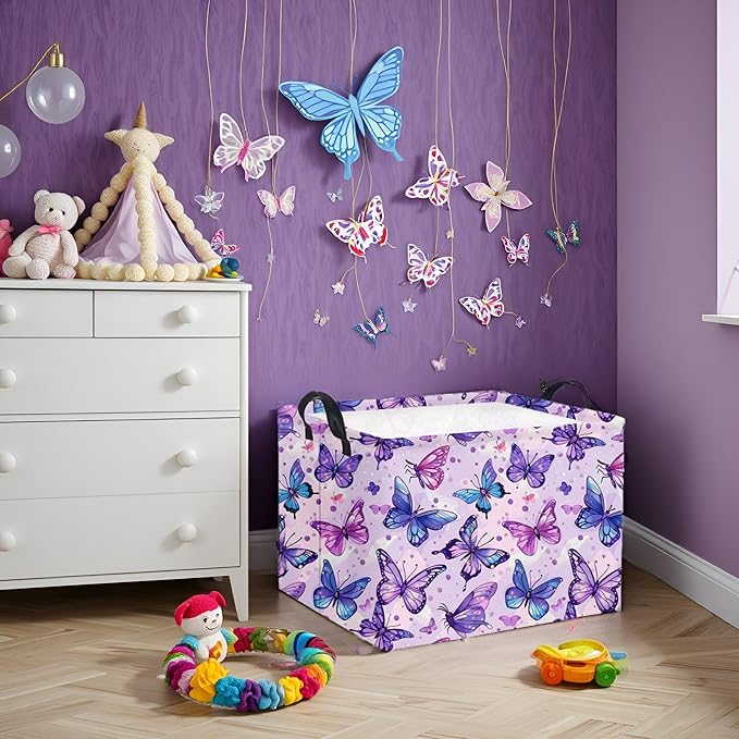 HIYAGON Rectangular Butterfly Basket Baby Storage Basket Storage Bin Organizer Box Room Decor(Purple Butterfly)