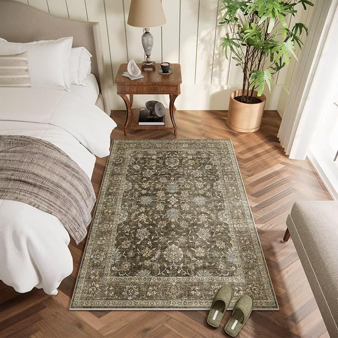 Washable 4x6 Rugs for Living Room, Boho Non-Slip Silicone Backing Small Rugs for Bedroom Nursery Office, 0.3" Neutral Oriental Throw Carpet with 0.16" Cushioning Pad, Flaxen/Multi