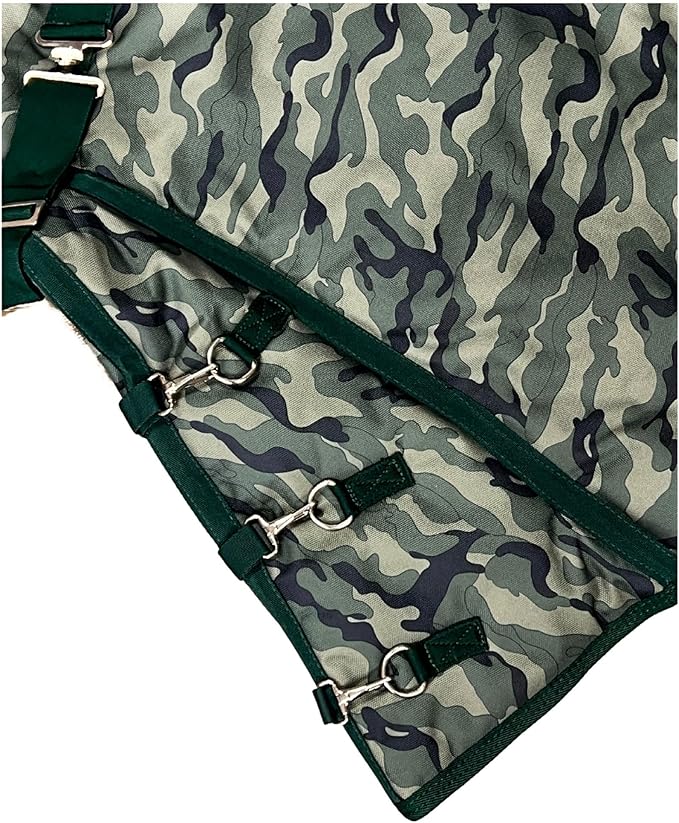 AJ Tack 1200D Waterproof Winter Horse Blanket with Hood - 400g Heavyweight Turnout with Fleece Collar, Shoulder Gussets & Tail Flap - Camouflage 74"