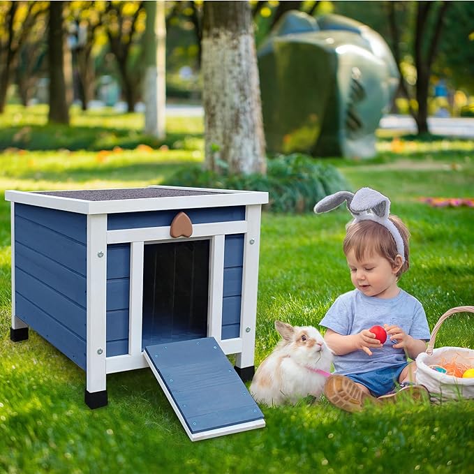Rockever Outdoor Cat House,Outdoor cat Houses for Feral Cats Weatherproof Rabbit Hutch Small, Wooden Small Pet House and Habitats-Blue