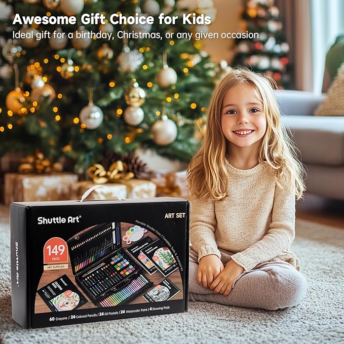 Shuttle Art 149 Piece Deluxe Art Set, Art Supplies in Wooden Case, Painting Drawing Art Kit with Crayons Colored Pencils Oil Pastels Watercolor Cakes Coloring Book Sketch Pad for Kids Adults