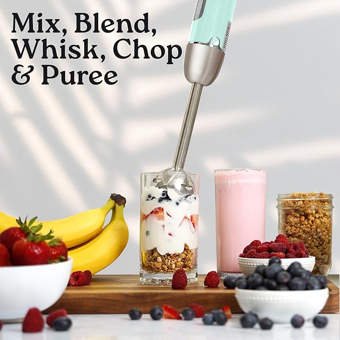 Zulay Immersion Stick Mixer Hand Blender - 800 Watts, Turbo Mode, 5-ft Power Electric Cord, Handheld Portable, Stainless Steel Blades - For Effortless Blending Smoothie, Soup, Baby Food, Puree - Aqua