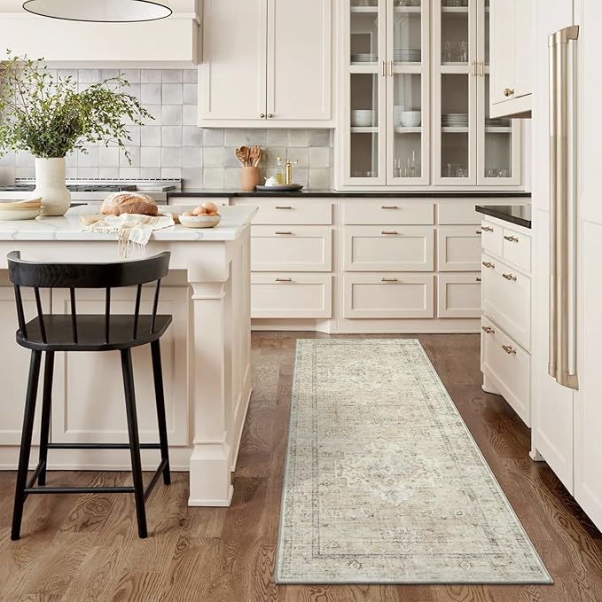 LIVEBOX Washable 2x6 Runner Rug for Bathroom, Non Slip Kitchen Mats for Floor Entryway, Boho Indoor Front Door Mat Low-Pile Runners for Hallways, Farmhouse Rugs for Bath Laundry, Tan