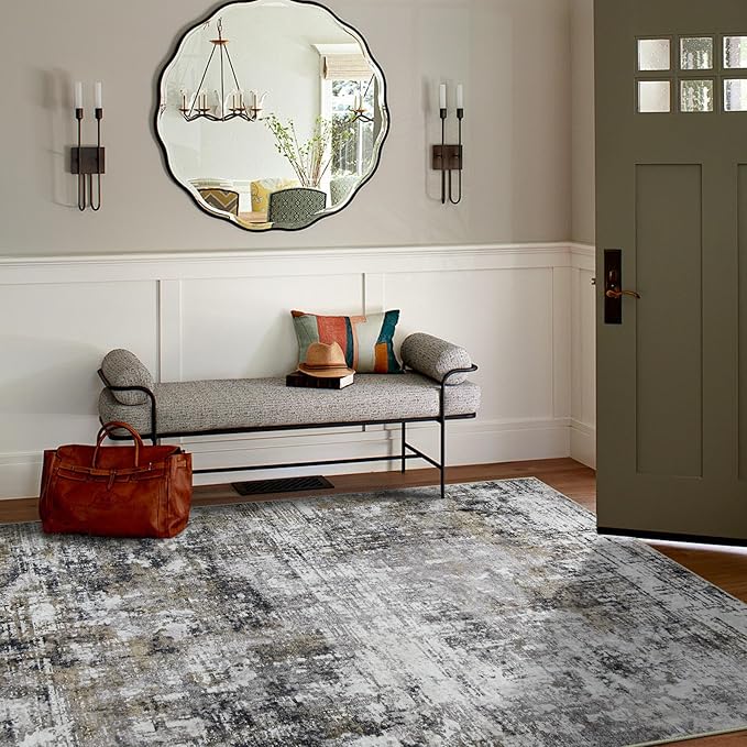 6x9 Area Rugs for Living Room Rug Washable: Modern Rug for Dining Room Bedroom Carpet Non Slip Low Pile 6 by 9 Indoor Abstract Nursery Home Office Black Gold