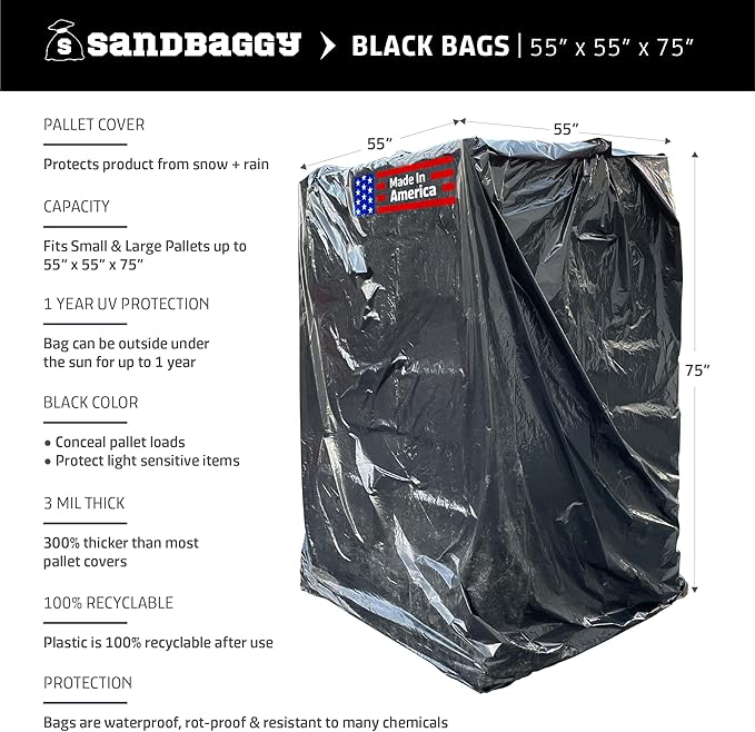 Sandbaggy Black Pallet Covers | Made in USA | Tarp Fits Large Pallets Up to 55" x 55" x 75" | Built w/ 1 Year UV Protection | Heavy Duty 3 Mil Thick Plastic (Pack of 10, 3 Mil Thick)