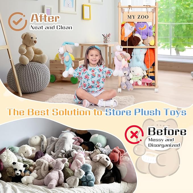 Stuffed Animal Storage Zoo with Wheels, Wooden Stuffed Animal Organizer with Elastic Cords, Space Saving Toy Plushies Storage Holder for Playroom, Bedroom, Living Room(Burlywood, Small)