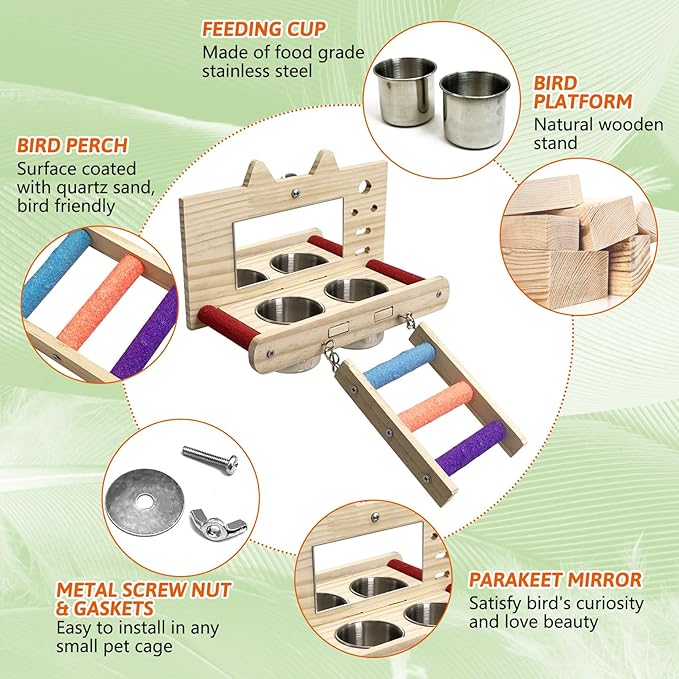 Tfwadmx Bird Food Stainless Steel Cups Wooden Perch Stand with Ladder Hanging Feeder Bowls Feeding and Watering Supplies for Parakeets Conures Cockatiels Budgie Parrot
