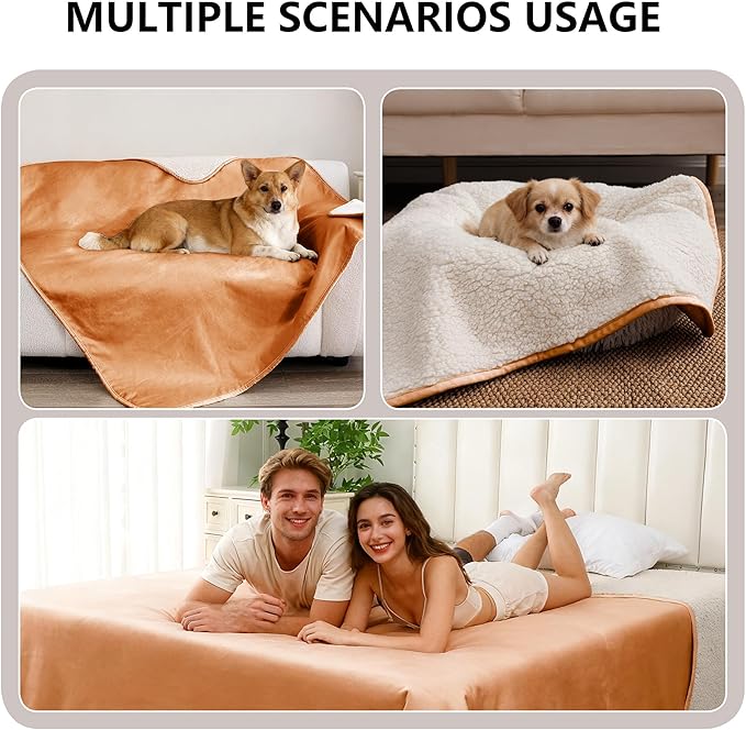 Waterproof Blanket for Bed, Leak Proof Dog Couch Sherpa Throw Blankets Queen Size, Reversible Pet Sofa Furniture Protector Machine Washable-86 x90,Orange