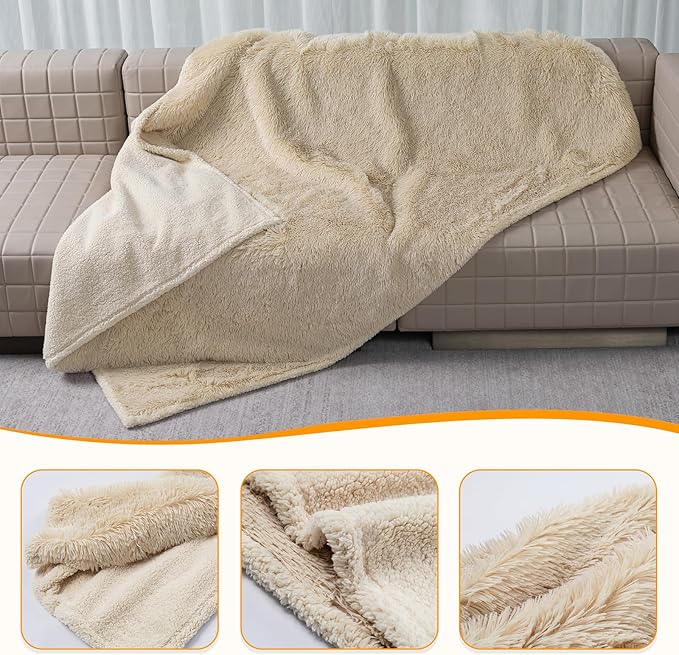 Waterproof Calming Dog Blanket Cream Long Faux Fur Pet Throw Blankets for Medium Dogs Cats Couch Sofa Covers Love Bed Cover Washable(Cream,L-65x57in)