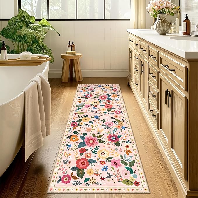 Floral 2x6 Area Rug Machine Washable Soft Print Boho Carpet Non Slip Doormat Low Pile Flower Area Rugs for Living Room Bedroom Nursery Kitchen Dining Room Indoor-Pink