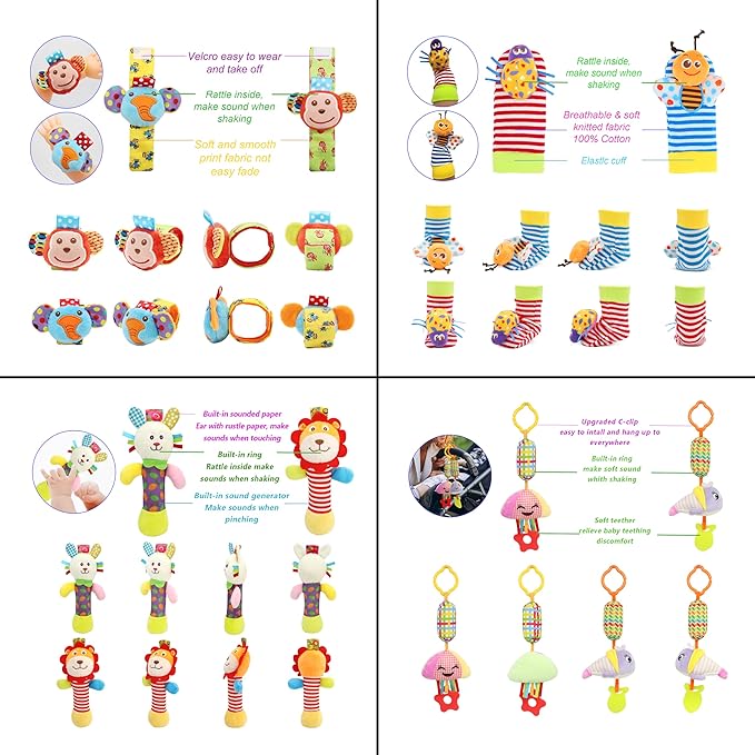 Baby Hanging Toy, Wrist Rattles, Rattle Socks, Handheld Wearable Washable Adjustable Rattle Toy, Newborn Present Baby Shower Birthday Gift Set for 0 1 2 3 Years Old Babies (12PCS-J)
