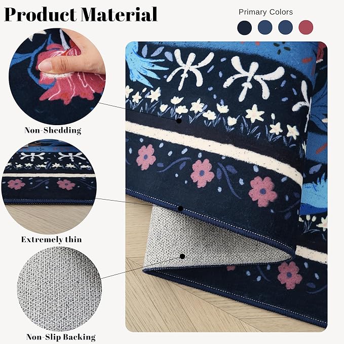 Runner Rug for Kitchen Rug Non Slip 2'6"x8' Washable Rugs with Rubber Backing Soft Vintage Floral Botanical Carpet Runner for Kitchen, Laundry, Bedroom, Bathroom, Blue