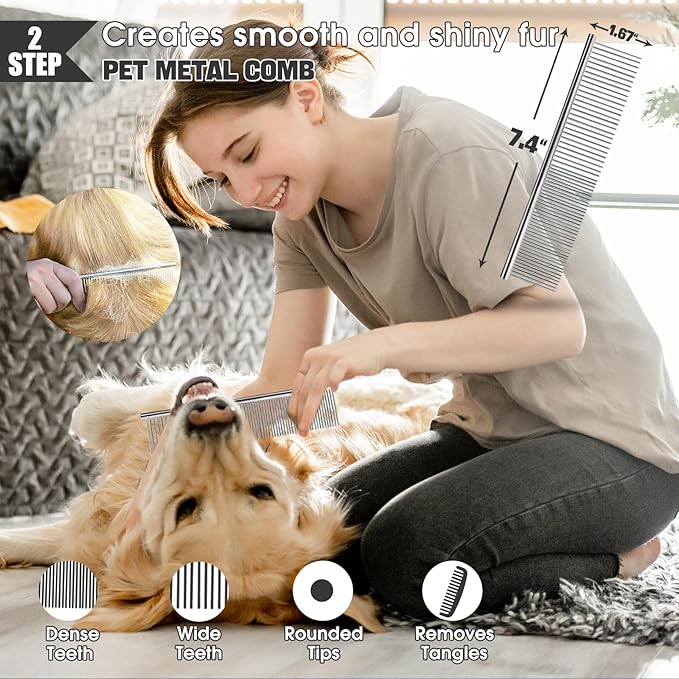 Dog Slicker Brush for Dogs Grooming Kit 4PCS | Large Dog Brush for Goldendoodles Poodles Doodles | Long Pin Haired Brush | Poodle Brushes and Comb (Green)