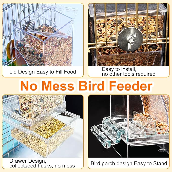 VCEPJH No Mess Bird Feeder with Water Dispenser, Automatic Parrot Feeder Drinker Parakeet Seed Dispenser Food Container with Cage Perch for Lovebirds Conures Budgies Canary Finch (4Pcs)