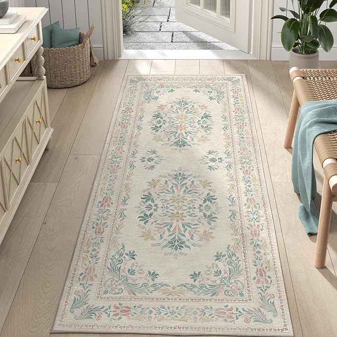 jinchan Vintage Floral Runner Rug 2x6 - Machine Washable Distressed Design Non-Slip Low-Pile Soft Thin Carpet for Hallway Kitchen Farmhouse Bedroom Entryway Laundry Room (2x6ft,Apricot Multi)