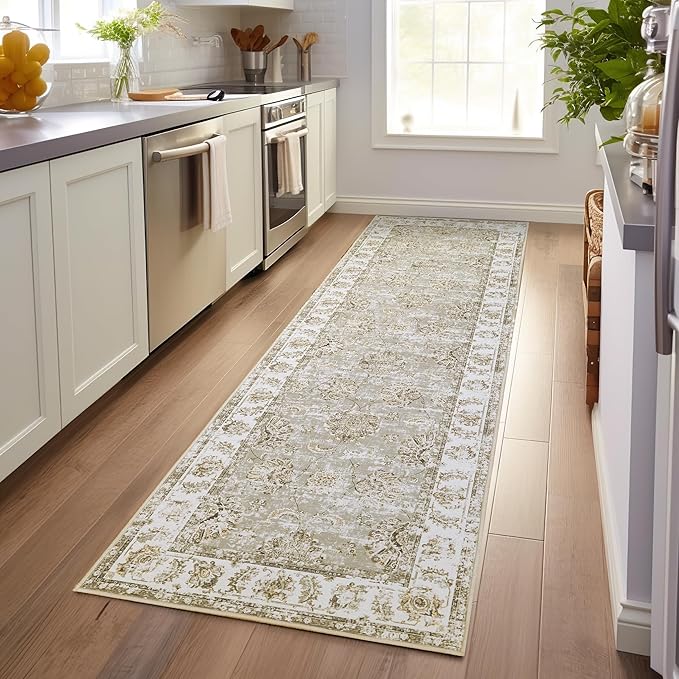 jinchan Hallway Runner Rug 3x7 Machine Washable Runner Rug Taupe Vintage Floral Design Non-Slip Low Pile Ultra-Thin for Kitchen Laundry Room Bedroom Farmhouse (3‘x7',Taupe)
