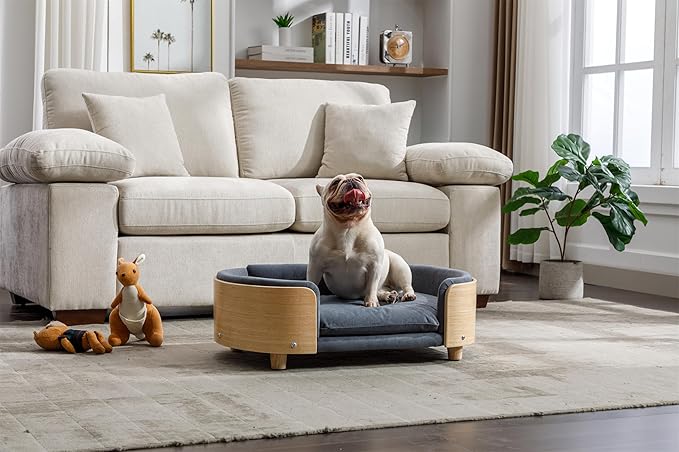 Dog Crate Furniture Elevated Dog Bed with Solid Wood Legs and Bent Wood Back, Mid Size Pet Sofa Kennel Indoor Cage House for Medium Dogs,Darkgrey