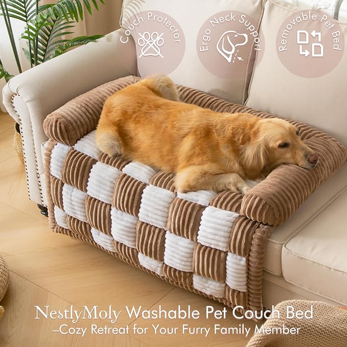 Dog Bed for Couch with Bolster, Comfy Couch Cover for Dogs Washable, Non-Slip Plush Furniture Protector, Calming Fuzzy Lounge Mat, Pet Sofa Accessories (Brown, X-Large)